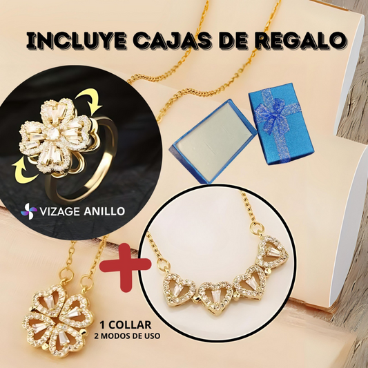 COMBO 3 en 1 - Collar trébol corazón 2 modos + Anillo trébol giratorio de REGALO